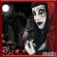 Femme gothique en rouge, noir et blanc.
