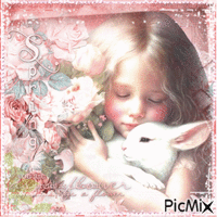 Girl and Bunny Spring - Gratis animerad GIF