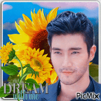 Asiatischer Mann mit Sonnenblumen