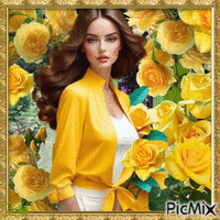 La belle et ses fleurs jaunes - GIF animé gratuit