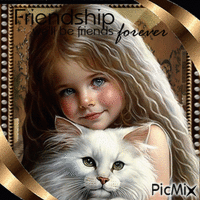 Little girl and white cat GIF animé