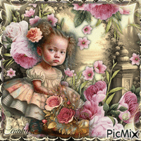 Petite fille aux fleurs - Vintage - Darmowy animowany GIF