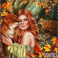 Herbstmädchen mit einem Fuchs - Бесплатный анимированный гифка