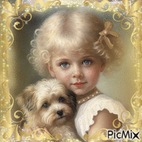Petite fille et chien - Tons pastel