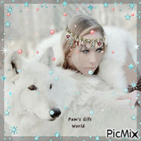 Wolf and Lady in Snow - Free animated GIF