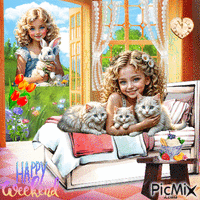 Happy Weekend. Sisters, girls, cat, animovaný GIF