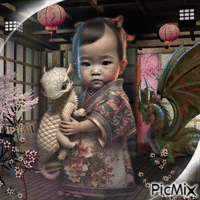 Drache und Kind in Asien - Gratis animerad GIF
