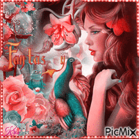 femme au paon - fantaisie / rouge et vert❤️🌷 - Free animated GIF