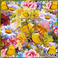 RED ROSES, WHITE ROSES,, PURPLE DAISYS, AND ORANDE FLOWERS, AND YELLOW FLOWERS BEHINDLIMBS THAT ARE HOLDIND 2 LARGE AND6 SMALL YELLOW BIRDS, SUROUNDED BY A GOLD FRAME. animēts GIF