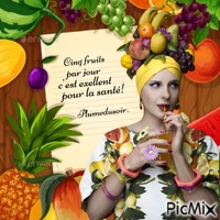 Femme avec une coiffure composée de fruits. - png gratis