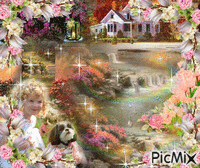 little girl and her dog playing by the flowing water down from her house. there are little waterfalls runing down the hill there are flowers and a lot of soarkles, it is framed by 4 conors of flowers, 动画 GIF