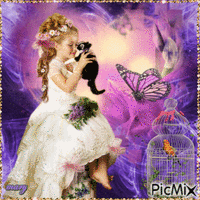 Girl and cat - Free animated GIF