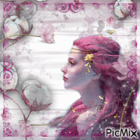 -Mujer y flores de algodón rosa- - GIF animé gratuit