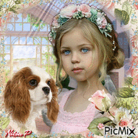 The little girl with his dog animēts GIF