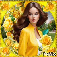 La belle et ses fleurs jaunes - Бесплатный анимированный гифка