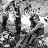 donna e primavera in bianco e nero GIF animado