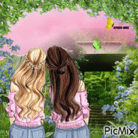 Girls-friends-nature-butterflies анимированный гифка