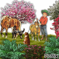 Paarden met hond en poes en kind GIF animado