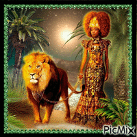 Frau mit ihrem Löwen im Mondlicht animoitu GIF