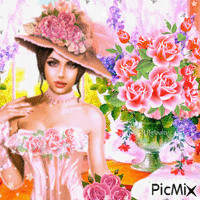 vintage woman with pink roses анимированный гифка