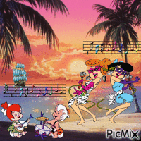 Wilma and Betty singing with Pebbles and Bamm-Bamm animasyonlu GIF