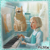 A girl and a cat sing. A piano. Music - GIF animasi gratis