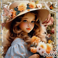 Retrato de niña con sombrero y flores - GIF animado gratis