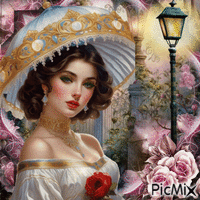 Mujer con sombrero y una rosa