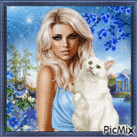 Femme blonde et chat blanc.