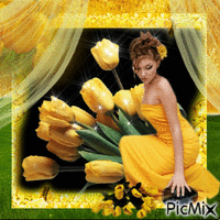 woman in yellow with yellow tulips