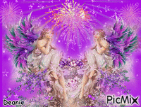 Angel Twins purple background with fireworks & sparkle GIF animado