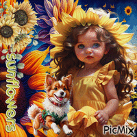 Sonnenblumenkind mit seinem Haustier - Бесплатный анимированный гифка