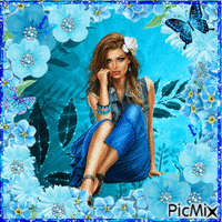 jeune fille en bleu sur fond bleu et fleurs bleus - GIF animé gratuit