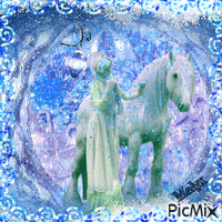 Blue winter and woman with horse - Bezmaksas animēts GIF
