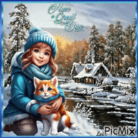 Have a Great Day. Winter, girl, cat - GIF animado grátis