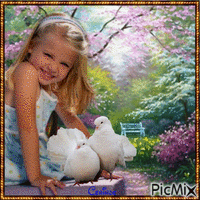Fille et pigeons - GIF animado gratis
