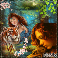femme avec son tigre GIF animé
