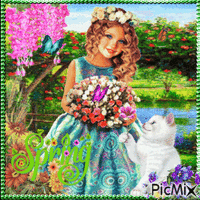 Little girl with flowers - Free animated GIF