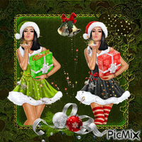dos  mujeres   de navida una verde y la otra de rojo animuotas GIF