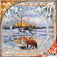 winter landscape with a fox - GIF animé gratuit