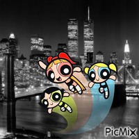 Powerpuff Girls flying by NYC (late 1990s-early 2000s) Animiertes GIF