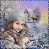 fille en hiver avec son chat animasyonlu GIF