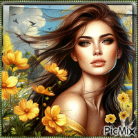 Beauty and her yellow flowers - Бесплатный анимированный гифка