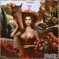 Happy Fall. Woman with her horse - Бесплатни анимирани ГИФ