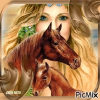 femme et cheval animoitu GIF
