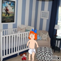 Redhead baby girl with dolly in nursery animált GIF
