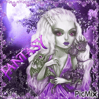 Femme et dragon, fantasy, tons violets