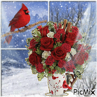 Bouquet of flowers and bird - GIF animate gratis