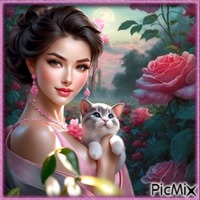 Une femme avec son chat. - ücretsiz png