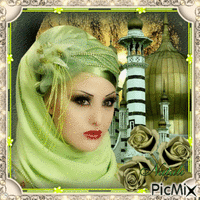 fille et mosquée en vert et or animovaný GIF